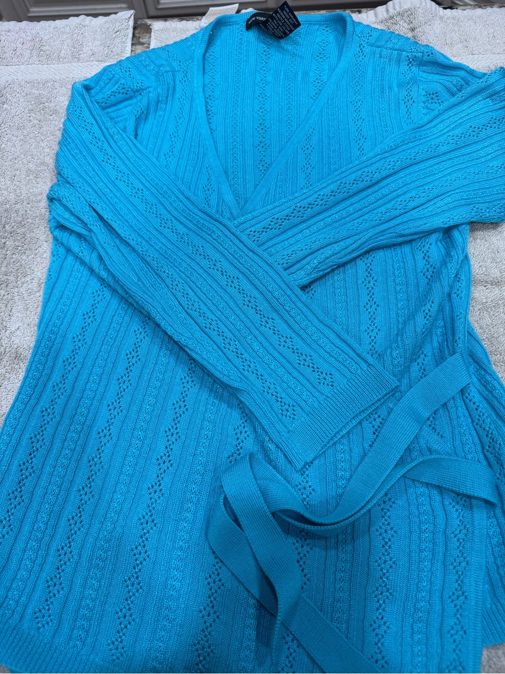 New York And Co bright turquoise blue wrap-style knit cardigan (CL-5)